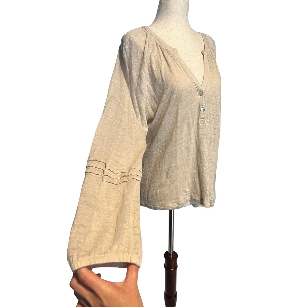Calypso St Barth Women Medium Linen Henley Top Beige Pintuck Long Sleeve Coastal